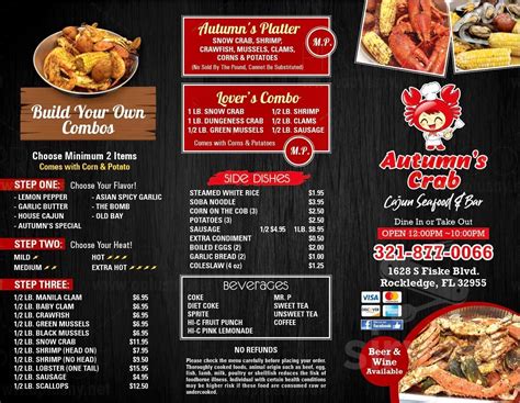 Autumn's crab menu - Autumn's Crab Cajun Seafood, Vero Beach - Restaurant menu and price, read 280 reviews rated 70/100. 0 people suggested Autumn's Crab Cajun Seafood (updated July 2023) 